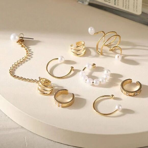 Gold 8pc Faux Pearl Ear Cuff Set - Picture 2 of 2